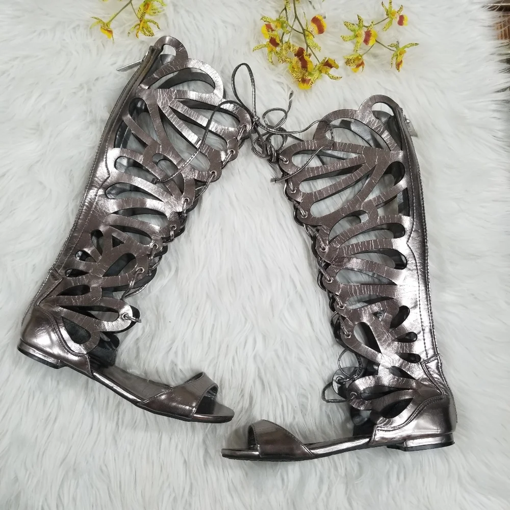 Metallic Silver Lace-Up Gladiator Knee-High Sandals - Women